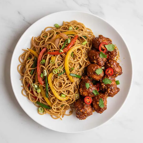 Chilli Garlic Chicken with bell pepper Hakka Noodles